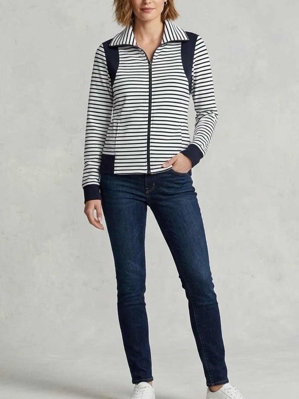 Laura Scott Striped Full Zip Jacket Activewear Size M Navy Blue White